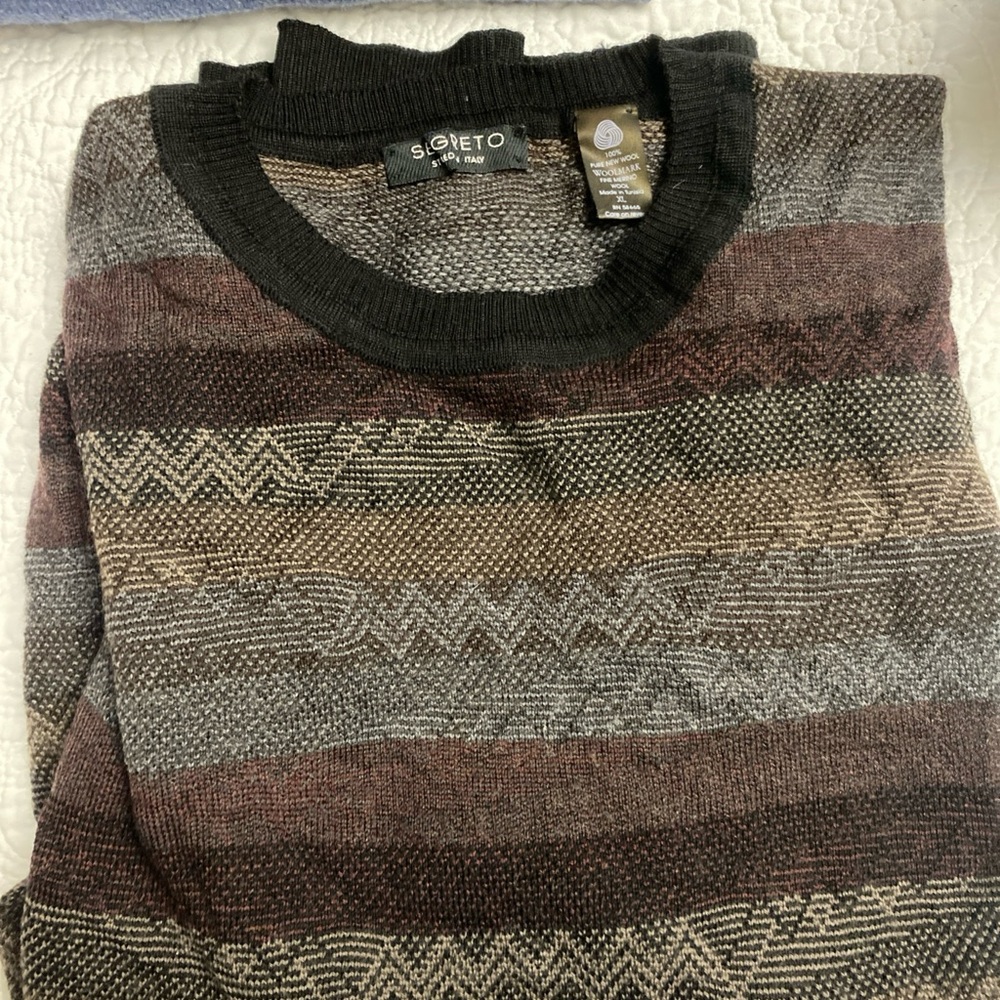 Segreto 100% Merino Wool Men's Geometric Crewneck Sweater - Brown and Black